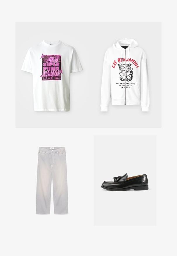 Hvid zip-up hoodie med et tiger grafik i sort og rød, der har teksten "LES BIENJAMINS" og "UNCONDITIONAL LOVE" i fed skrift.; Hvid bomulds t-shirt med et iøjnefaldende pink grafisk print med teksten "SUPER PUMA WORLD TOUR" og figurer i tegneserie-stil.; Lysegrå jeans med lige ben, forrest med knap og lynlås, bæltestropper og fem-lomme design, mærket "Wood Wood Type 3".; Sorte læder loafers med en kvastdetalje, en rund dramatisk tå og en glat overflade. Sålens flade design har et minimalt mønster.