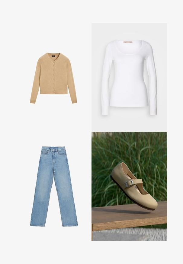 Beige cardigan med knapper, lange ærmer, ribbet manchet og kant, V-hals krave, lagt fladt på hvid baggrund.; Langærmet hvid bomulds T-shirt med rund halsudskæring og tætsiddende design, med glat tekstur og uden udsmykninger.; Lys blå denim jeans med høj talje, lige ben-design, der har fem lommer og en knaplukning. Ingen synlige mønstre.; Beige Mary Jane-sko med sølvspænde svævende over en træbænk, grøn højt græs sløret i baggrunden.