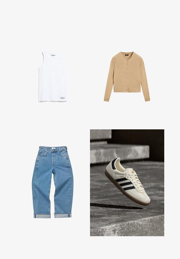 Beiger Strick-Cardigan mit Knöpfen, langen Ärmeln, gerippten Bündchen und Saum, V-Ausschnitt, flach auf weißem Hintergrund liegend.; Weißes Tanktop aus Baumwolle. Verfügt über breite Träger und einen abgerundeten Halsausschnitt. Enthält ein kleines Markenlabel unten links.; Hellblaue Jeans mit aufgekrempelten Bündchen, vorderem Knopf und Reißverschluss, Gürtelschlaufen und Fünf-Taschen-Design.; Weißer Adidas Samba Sneaker mit schwarzen Streifen und Gummisohle, schwebend über strukturierten grauen Betontreppen.