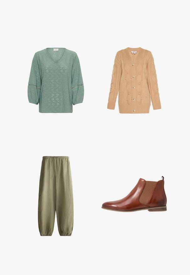 Beige strikket cardigan med V-hals, der har diamantmønstre og strukturerede bobble-detaljer. Fem sølvfarvede knapper ned foran.; Kaffe KATYRA V - Bluse - green bay cc; Løse olivengrønne bukser med elastisk taljebånd, snøre, store for- og sidelommer samt elastiske manchetter ved anklerne.; Brune læder Chelsea støvle med elastiske sidepaneler, rund tå og en lille hæl. Glat tekstur med en trækflap bagpå.