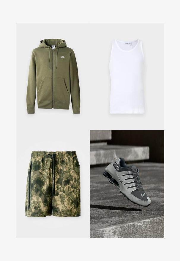 Olivgrüne Zip-Hoodie aus weichem Material mit einem Frontreißverschluss, zwei Seitentaschen und einem weißen Nike-Logo auf der linken Brust.; Weißes Baumwoll-Top mit Rundhalsausschnitt und breiten Trägern. Glatte Textur, keine Muster, schlichte Gestaltung und Markenlabel am Halsausschnitt.; Tarnfarben Badehose in Grüntönen, aus leichtem Stoff gefertigt, mit elastischem Bund, Kordelzug und Seitentaschen.; Grauer und schwarzer Nike Shox Sportschuh schwebt über einer strukturierten Betonoberfläche mit Schatten darunter.