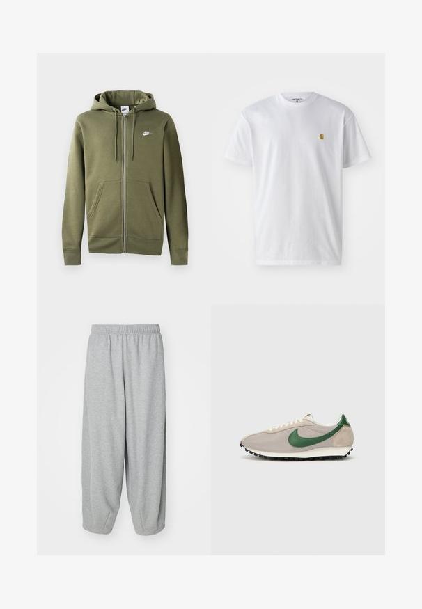 Oliivroheline tasku ja eessuunaga kapuutsiga jope pehmest kangast, millel on esine tõmblukk, kaks küljetaskut ja valge Nike logo vasakul rinnal.; Valge puuvillane t-särk lühikeste varrukatega, ümmargune kaelus, millel on väike kuldne logo vasakul rinnal. Pehme tekstuur ja regulaarne lõike.; Heledad hallid, lõdva istuvusega treeningpüksid, mis on valmistatud pehmest kangast. Elastsest materjalist vöökoht ja soonikud pahkluude juures. Lihtne ja kaunistusteta disain.; Bežid jooksujalatsid roheliste nahkdetailidega, tekstureeritud võrkkangas, kreemikarva paelad ja must kummist tallaga, millel on haardenupid.