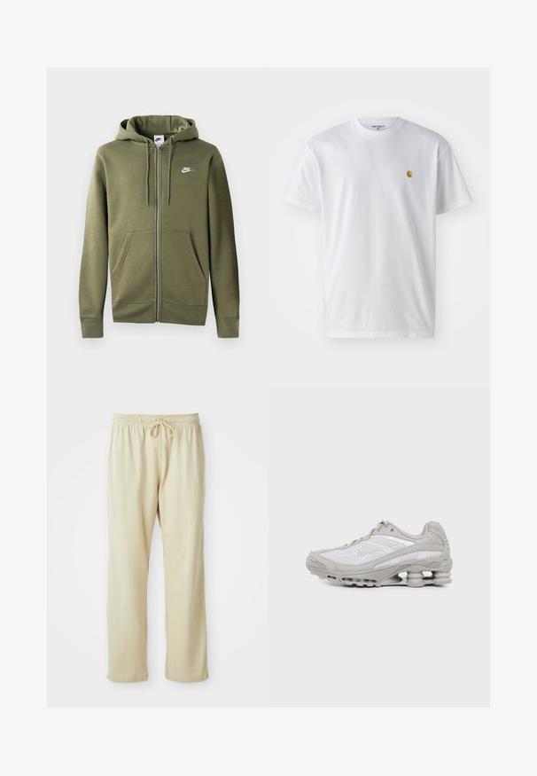 Olijfgroene zip-up hoodie van zacht materiaal, met een voorzijde rits, twee zijzakken en een wit Nike-logo op de linker borst.; Witte katoenen t-shirt met korte mouwen en ronde hals, voorzien van een klein gouden logo op de linkerkant van de borst. Zachte textuur en een normale pasvorm.; Lichtbeige sweatpants met een trekkoord in de taille, taps toelopende pijpen en een zachte textuur. Heeft een subtiel merkje op het onderbeen.; Grijze en witte sportschoen met zichtbare luchtkussenzool en meshpanelen, in profiel weergegeven op een eenvoudige lichte achtergrond.