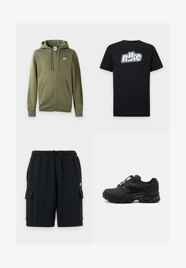 Olivgrüne Zip-Hoodie aus weichem Material mit einem Frontreißverschluss, zwei Seitentaschen und einem weißen Nike-Logo auf der linken Brust.; Schwarzes kurzärmliges T-Shirt mit einem großen weißen und blauen Nike-Logo und Swoosh, mittig auf der Brust.; Schwarze Baumwoll-Cargoshorts mit elastischem Bund und Kordelzug, ausgestattet mit zwei Seitentaschen und einem kleinen Logoakzent.; Schwarzer athletischer Sneaker mit strukturiertem Stoff, dicker gepolsterter Sohle, Luftauslässen und Schnürverschluss, von der Seite auf hellem Hintergrund gezeigt.