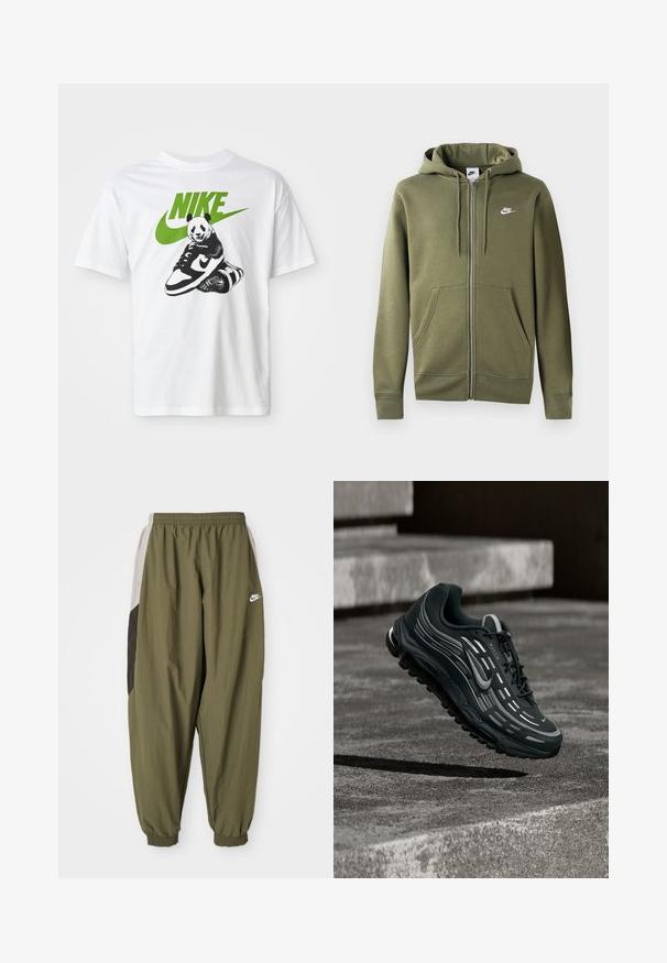 Olivovo zelená mikina na zips vyrobená z mäkkého materiálu, s predným zipsom, dvoma bočnými vreckami a bielym logom Nike na ľavej hrudi.; Biela bavlnená tričko s čierno-bielou grafikou pandy, ktorá drží tenisku Nike, s zeleným logom Nike hore.; Olivovo zelené športové nohavice Nike s elastickým pásom a manžetami. Obsahujú bočné panely v svetlošedej a tmavošedej farbe s detailom loga.; Čierno-sivá teniska Nike Air Max vznášajúca sa nad sivými betónovými schodmi s textúrovaným pozadím zeme.