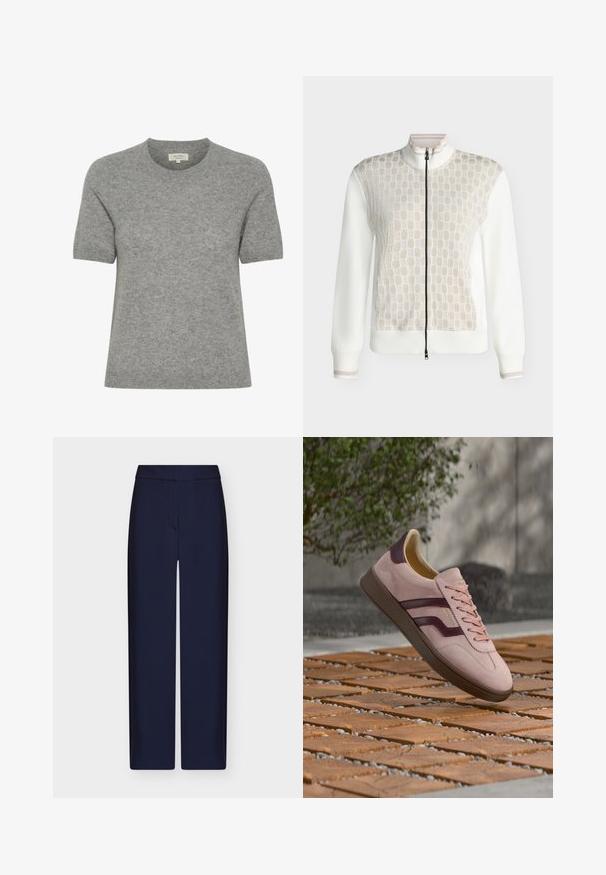 Valkoinen vetoketjullinen takki, jossa beige, teksturoidulla soikealla kuviolla varustettu etupaneeli, resorireunukset hihoissa ja helmassa sekä lyhyt pystykaulus.; Harmaa lyhythihainen neuletunika, joka on valmistettu pehmeästä neulemateriaalista. Pyöreä pääntie ja minimalistinen muotoilu. Saumattomat, siistit reunat luovat tyylikkään ilmeen.; Laivastonsiniset suorat housut, joissa on korkea vyötärö ja piilotettu etuvetoketju.; Vaaleanpunainen mokkanahkainen lenkkari, jossa on viininpunaiset raidat ja ruskea pohja, leijuu puu- ja pikkukivirakenteen päällä, taustalla sumeaa kasvillisuutta.
