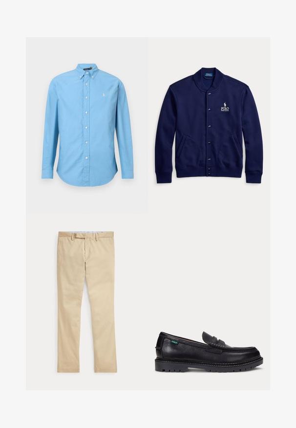 Chaqueta azul marino con botones, cuello y puños acanalados, dos bolsillos delanteros y logotipo blanco de Polo Ralph Lauren en el pecho izquierdo.; Camisa de botón de manga larga azul claro. Tejido de algodón, cuello de botón, cinco botones en la parte frontal, con un pequeño logo amarillo en el lado izquierdo del pecho.; Pantalones beige de corte recto con trabillas para cinturón y cremallera frontal, colocados planos sobre un fondo blanco.; Mocasín de cuero negro con suela gruesa estriada y pequeña etiqueta verde "Polo" en el lado exterior cerca del talón.