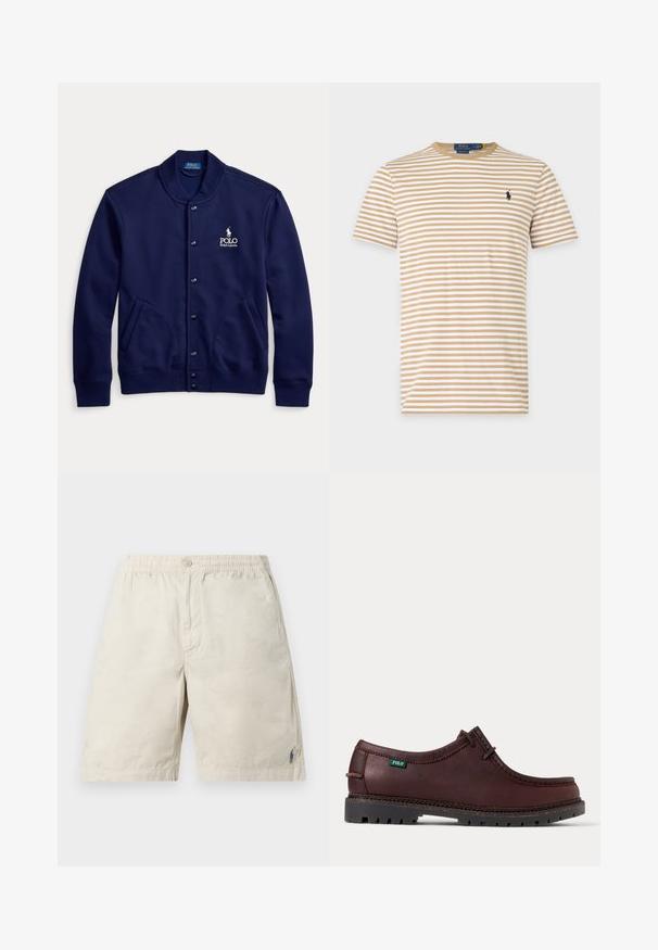 Tmavomodrá bunda na gombíky s rebrovaným golierom a manžetami, dvoma prednými vreckami a bielym logom Polo Ralph Lauren na ľavej strane hrudníka.; Béžové a biele pruhované tričko s krátkym rukávom a okrúhlym výstrihom s malým tmavým vyšívaným logom na ľavej strane hrudníka.; Béžové ležérne šortky s elastickým pásom, zapínaním na gombíky vpredu a malým modrým vyšívaným logom blízko lemu na ľavej nohe.; Tmavohnedá kožená mokasínová obuv s čiernou robustnou podrážkou a zelenou značkou Polo na boku, zobrazená z bočného pohľadu.