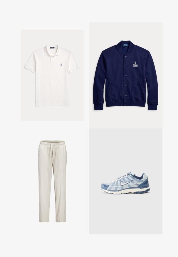 Navyblå jakke med knapper, ribbet krave og manchetter, to forlommer og hvid Polo Ralph Lauren-logo på venstre bryst.; Hvid kortærmet Polo Ralph Lauren skjorte med krave, to-knaps knaplukning og lille mørkeblå broderet hestelogo på venstre bryst.; Beige bukser med lige ben, elastik i taljen og justerbar snor, lavet af letvægtsstof.; Lysblå atletiksko med lagdelt mesh og syntetisk materiale, hvid sål, mørkeblå accenter og branding på siden.