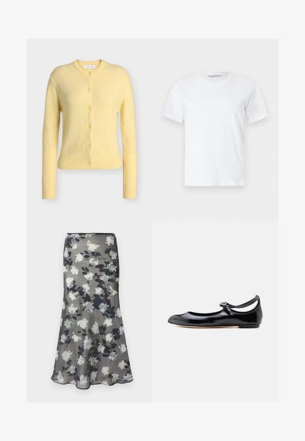 Cardigan en laine jaune clair à manches longues, boutonné, avec poignets et ourlet côtelés et un col rond.; T-shirt blanc uni à manches courtes et col rond, posé à plat sur un fond clair, vue de face avec une petite étiquette de marque visible à l'intérieur du col.; Jupe midi grise avec imprimé floral en noir, blanc et gris et légère évasement à l'ourlet.; Chaussure plate Mary Jane en cuir verni noir avec bout arrondi, fine bride à la cheville et petite boucle argentée sur fond blanc.