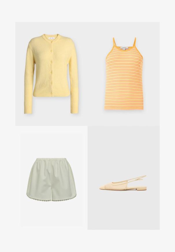 Lysegul, langærmet, uld cardigan med knapper, ribbet manchet og kant samt rund halsudskæring.; Gul og hvid vandret striped ribbet tank top med tynde skulderstropper på en neutral baggrund.; Kremfarvede satin-shorts med elastisk talje og bølget blonder langs siderne og kanten.; Slingback fladsko i lys beige med en mesh-overdel, spids tå og en lav hæl. Har en justerbar strop for bedre pasform.