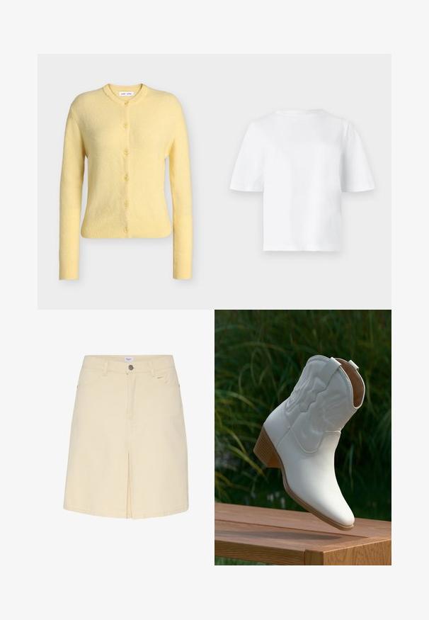 Lysegul, langærmet, uld cardigan med knapper, ribbet manchet og kant samt rund halsudskæring.; Enkelt hvid T-shirt med korte ærmer og rund halsudskæring, vist fladt mod en lysegrå baggrund.; Lys beige denimnederdel med slids foran, standard talje og klassisk fem-lommer design. Glat tekstur og minimalistisk stil.; Hvid læder cowboystøvle til midt på læggen med dekorative syninger og en stablet træsål, hvilende på en træoverflade udendørs.