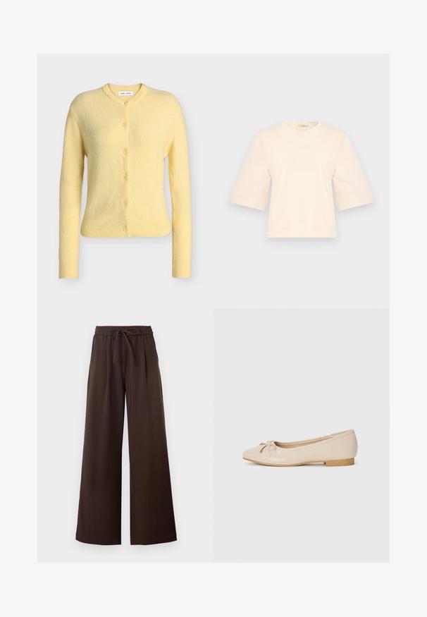 Cardigan en laine jaune clair à manches longues, boutonné, avec poignets et ourlet côtelés et un col rond.; T-shirt ample de couleur crème avec manches courtes et larges, col rond et texture côtelée. Design simple, sans motifs ni accents visibles.; Pantalon marron foncé à jambes larges, taille élastique et lien de serrage devant, présenté à plat sur fond blanc.; Ballerines beiges en matériau synthétique lisse. Dotées d'un petit talon carré, elles présentent un détail noué avec des accents dorés à l'avant.