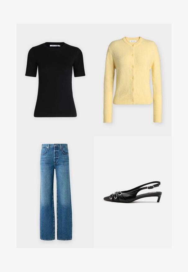 Cardigan en laine jaune clair à manches longues, boutonné, avec poignets et ourlet côtelés et un col rond.; T-shirt noir ajusté à manches courtes avec un col rond et une étiquette à l'intérieur du col sur un fond clair uni.; Jean ample en denim bleu clair. Doté d'un bouton à l'ouverture, de passants de ceinture et de coutures contrastées. Le tissu présente un effet délavé.; Chaussure slingback en cuir noir avec bout pointu, trois boucles argentées à l'avant et petit talon kitten sur fond blanc.