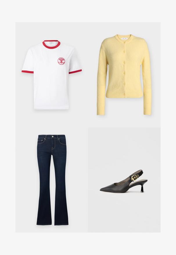 Cardigan en laine jaune clair à manches longues, boutonné, avec poignets et ourlet côtelés et un col rond.; T-shirt blanc à manches courtes avec col et bordures de manches rouges, avec un petit logo circulaire rouge "JOOP! Jeans" sur la poitrine gauche.; Jean évasé en denim bleu foncé avec une taille ajustée, des coutures visibles, une fermeture à boutons sur le devant, et des poches classiques à l'avant et à l'arrière.; Chaussure à talon haut noire à bride arrière, avec un bout pointu, une texture en cuir lisse et une accent de boucle dorée sur la bride.