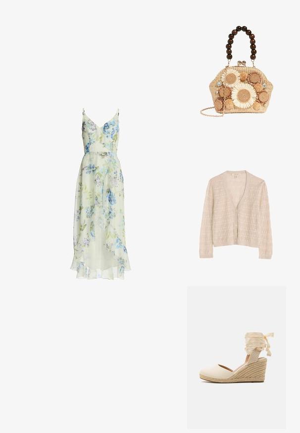 Beige gebreide cardigan met een V-hals, voorzien van een gestructureerd patroon, knoopsluiting aan de voorkant en lange mouwen. Zacht, lichtgewicht stof.; Bloemen midi-jurk, lichte stof, groenachtig-gele basis met blauwe en paarse bloemen, gerimpelde halslijn en zoom, verstelbare spaghetti bandjes.; Beige espadrille hak met canvas bovenkant, open teen en zachte lint veters. Getextureerde jute hak met een gevlochten patroon.; Gevlochten strohandtas met grote donkere houten kraalhandgreep, bloemrijke haakwerkversieringen, pompons, strassteentjes en een gouden kettingriem.