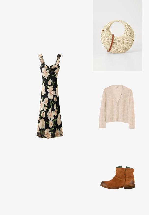 Beige gebreide cardigan met een V-hals, voorzien van een gestructureerd patroon, knoopsluiting aan de voorkant en lange mouwen. Zacht, lichtgewicht stof.; Zwarte jurk met bloemenprint, gekenmerkt door grote lichtroze bloemen, een gerimpelde halslijn, een verstelbare strik en een vloeiende, doorschijnende stof.; Bruine suede enkellaars met een ronde neus, korte schacht en een licht versleten afwerking. Heeft een groene binnenkant en een houten zool.; Ronde geweven handtas van natuurlijk stro met een gestructureerde afwerking. Kenmerkt zich door een gladde, bruine leren schouderband en een ronde handgreep.