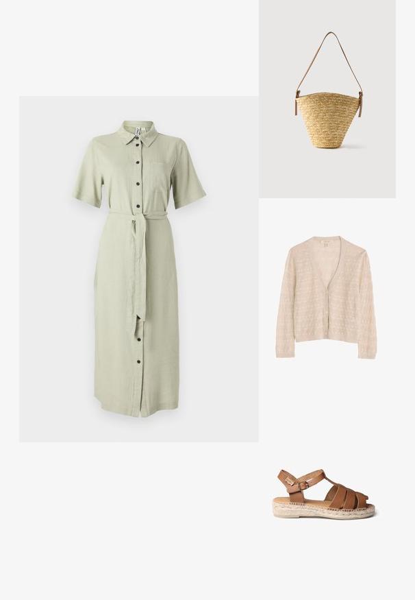 Beige strikket cardigan med V-hals, prydet med et tekstureret mønster, knaplukning foran og lange ærmer. Blødt, let stof.; Grøn skjortekjole i linned med korte ærmer, krave, forreste knapper, en brystlomme og et matchende bælte om taljen.; Brun lædersandal med vævet reb-sål, udstyret med et remdesign, justerbar ankelspænde og en glat overflade.; Flettet stråtaske med bred bund, smal top og justerbar brun læder skulderrem.