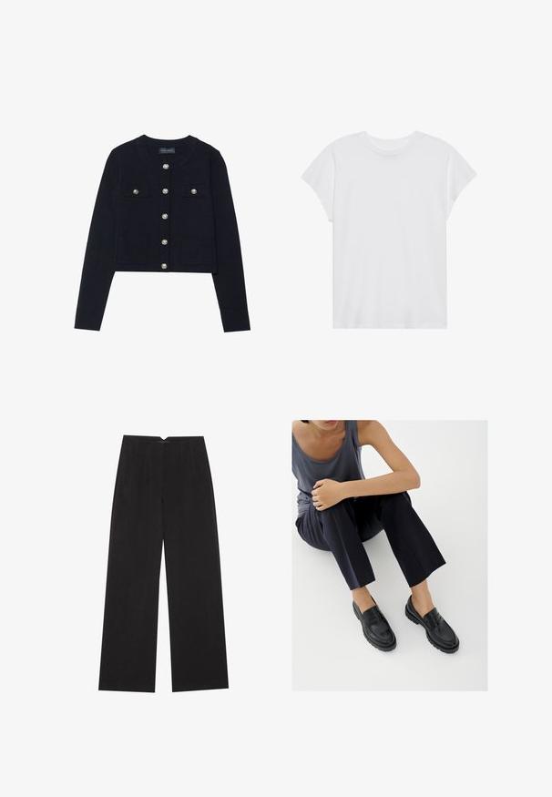 Marineblå cropped cardigan med lange ærmer, rund halsudskæring, fire lommer og sølvfarvede knaplukninger foran. Blødt strikket tekstur.; Hvid kortærmet t-shirt med rund hals, afslappet pasform, lavet af blødt bomuldsstof. Glat tekstur, ingen mønstre eller logoer.; Anna Field Bukser - black; Sorte læderloafers med teksturerede detaljer, lav hæl, rund tå og synlige syninger. Modellen bærer mørke bukser og en grå top.