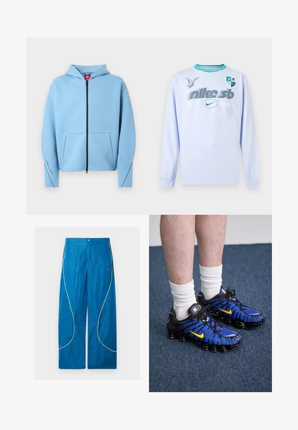 Hellblauer Kapuzenpullover mit durchgehendem Reißverschluss, Kapuze, großer Fronttasche, schwarzem Reißverschluss und Kontrastnähten entlang der Ärmel. Weiches Baumwollmischgewebe.; Hellblaues Langarmshirt mit türkisfarbenen Kragenstreifen, grafischem Text "nike sb EST. 2002", Nike-Logo, Vogelillustration und einem Wappen mit vier Symbolen auf der Brust.; Blaue, weit geschnittene Sporthose mit reflektierenden gelben Paspeldetails und einem kleinen pinkfarbenen Nike-Swoosh am rechten Oberschenkel, mit Knopf- und Reißverschluss.; Blaue und schwarze Sportschuhe zeichnen sich durch ein Mesh-Design, gelbe Akzente und eine segmentierte Sohle aus. Sie werden mit weißen Knöchelsocken getragen.