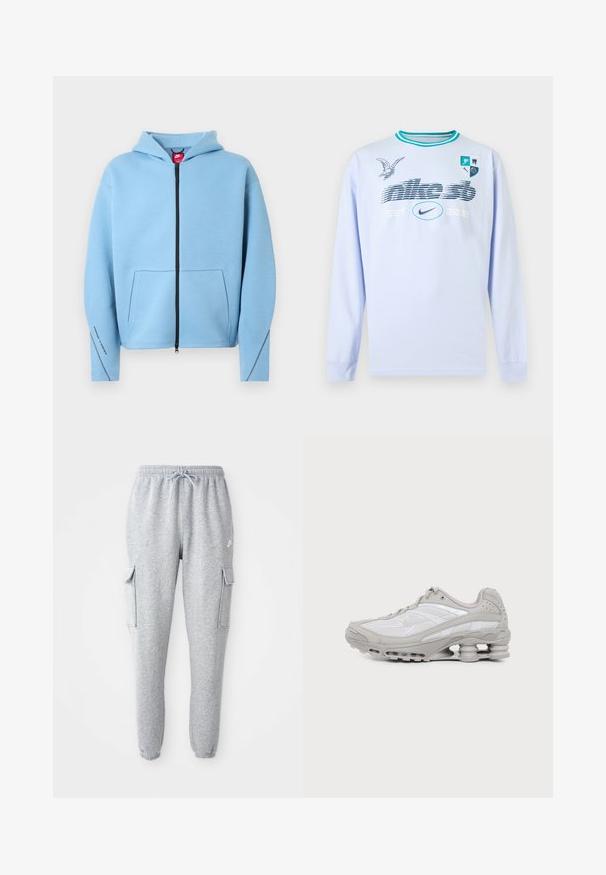 Hellblauer Kapuzenpullover mit durchgehendem Reißverschluss, Kapuze, großer Fronttasche, schwarzem Reißverschluss und Kontrastnähten entlang der Ärmel. Weiches Baumwollmischgewebe.; Hellblaues Langarmshirt mit türkisfarbenen Kragenstreifen, grafischem Text "nike sb EST. 2002", Nike-Logo, Vogelillustration und einem Wappen mit vier Symbolen auf der Brust.; Graue Sweatpants aus weichem Material, mit elastischem Bund und Kordelzug, zwei seitlichen Cargo-Taschen und schmal zulaufenden Bündchen.; Grauer und weißer Sportschuh mit sichtbarer Luftpolstersohle und Mesh-Einsätzen, im Profil auf einfachem hellem Hintergrund gezeigt.
