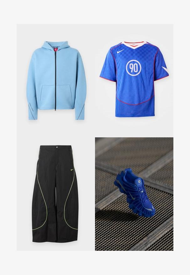 Lichtblauwe hoodie met rits en capuchon, grote voorzak, zwarte rits en contrasterende stiksels langs de mouwen. Gemaakt van een zachte katoenmix.; Blauw Nike voetbalshirt met een geruit patroon, korte mouwen, v-hals ontwerp, witte accenten en een centrale ronde '90'-grafiek.; Zwarte wijde Nike-broek met neon groene gebogen biezen en klein Nike-swoosh-logo op de rechterdij, knoop- en ritssluiting in de taille.; Blauwe sportschoen met een bovenwerk van mesh, een gestructureerd ontwerp en een opvallende zool met duidelijke dempingselementen en reflecterende accenten.