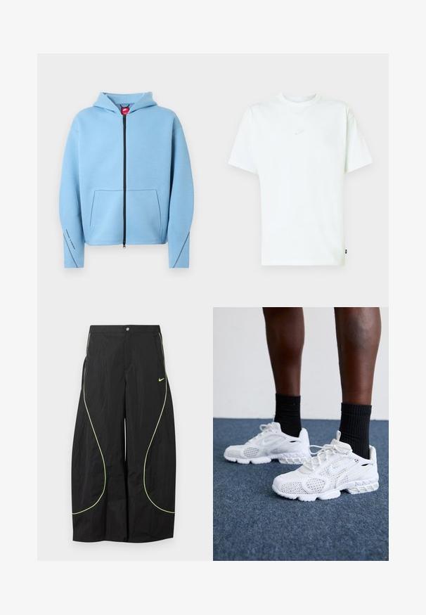 Light blue zip-up hoodie with a hood, large front pocket, black zipper, and contrast stitching along the sleeves. Soft cotton blend material.; White cotton t-shirt with a crew neck, short sleeves, and a small embossed Nike logo on the chest. Soft texture and relaxed fit.; Black wide-leg Nike pants with neon green curved piping and small Nike swoosh logo on the right thigh, button and zip closure at waist.; White athletic shoes with mesh upper, textured accents, and cushioned sole. Paired with black ribbed ankle socks on a blue carpeted surface.