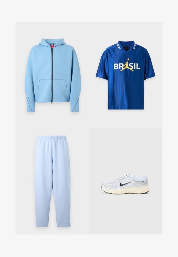 Hellblauer Kapuzenpullover mit durchgehendem Reißverschluss, Kapuze, großer Fronttasche, schwarzem Reißverschluss und Kontrastnähten entlang der Ärmel. Weiches Baumwollmischgewebe.; Blaues Sport-T-Shirt mit kurzen Ärmeln, weißen Streifen am Kragen und dem Wort BRASIL in Weiß mit einer gelben Basketballspielersilhouette in der Mitte.; Hellblaue, gerade geschnittene Jogginghose mit elastischem Bund, dezentem Seitenlogo und ohne sichtbare Taschen oder weitere Details.; Weiße Netzsneakers mit silbernen Akzenten, schwarzem Nike-Swoosh, gepolstertem Kragen und strukturiertem Sohlen. Sie weisen ein geschichtetes Design für Stabilität auf.