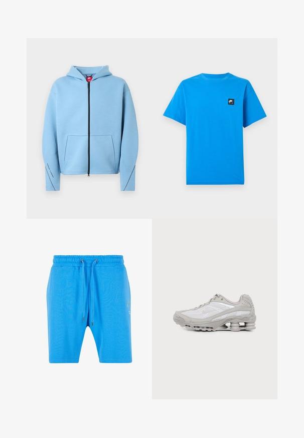 Sudadera con capucha azul claro con cremallera, gran bolsillo frontal, cremallera negra y costuras en contraste a lo largo de las mangas. Material suave de mezcla de algodón.; Camiseta azul brillante de manga corta con cuello redondo y pequeño parche negro con el logo de Nike Air en el lado izquierdo del pecho.; Pantalones cortos de algodón azul con una cinturilla elástica, cierre de cordón y un sutil detalle gráfico en el lado. Textura suave y corte holgado.; Zapatilla deportiva gris y blanca con paneles de malla, diseño con cordones y una suela única tipo resorte para amortiguación y soporte.
