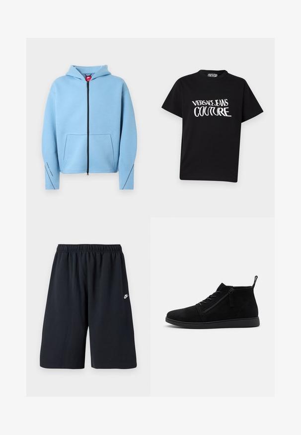 Lyseblå lynlåshættetrøje med hætte, stor forlommer, sort lynlås og kontrastsyning langs ærmerne. Blødt bomuldsblandingsmateriale.; Sort T-shirt med korte ærmer med hvidt forvrænget "Versace Jeans Couture"-tryk på forsiden, rund halsudskæring og almindelig pasform.; Sorte atletikshorts med elastisk linning, glat tekstur og et lille hvidt Nike-logo på venstre ben. Standardlængde.; Sorte ruskind ankelstøvler har en rund tå, snørebånd foran og en lynlås i siden. Sålen er flad med en tekstureret overflade for bedre greb.