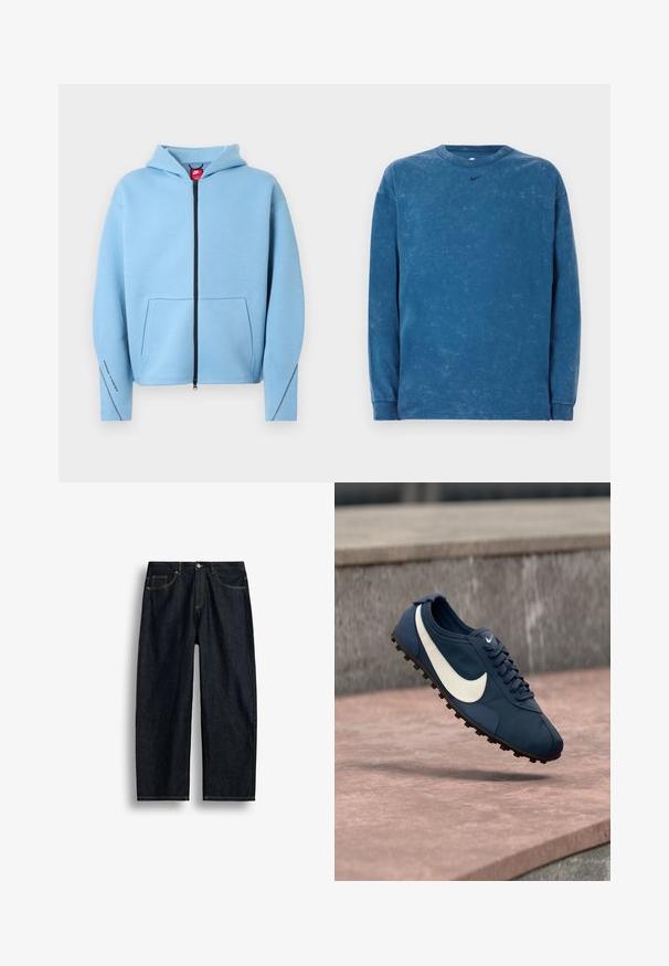 Lichtblauwe hoodie met rits en capuchon, grote voorzak, zwarte rits en contrasterende stiksels langs de mouwen. Gemaakt van een zachte katoenmix.; Blauwe sweatshirt met lange mouwen gemaakt van versleten katoen, met een ronde hals en een klein zwart Nike-logo op de borst. Fijne textuur overal.; Donkerblauwe straight-leg spijkerbroek met gele stiksels, voorzakken en een knoopsluiting in de taille.; Blauwe Nike sportschoen met wit swoosh-logo, zwarte noppenzool en veters, zwevend boven een stenen oppervlak.