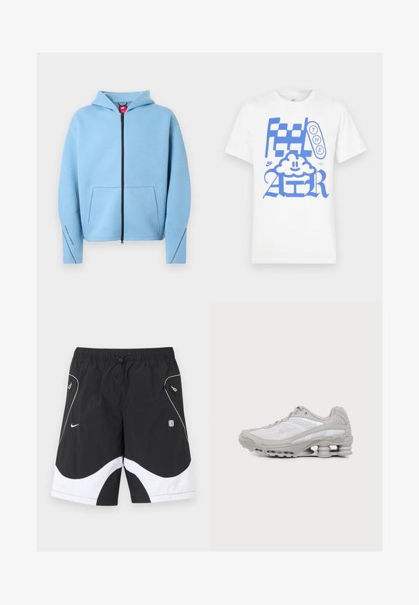Sweat à capuche bleu clair avec fermeture éclair, grande poche avant, fermeture éclair noire et surpiqûres contrastantes le long des manches. Tissu doux en mélange de coton.; T-shirt en coton blanc avec un graphique bleu audacieux affichant le texte "Feel THE AIR" et un dessin de nuage souriant. Manches courtes, col rond.; Shorts de sport Nike noir et blanc avec taille élastique, cordon de serrage, poches latérales zippées et garniture réfléchissante sur les panneaux avant.; Baskets de sport grises et blanches avec semelle à coussin d'air visible et panneaux en mesh, présentées de profil sur un fond clair uni.
