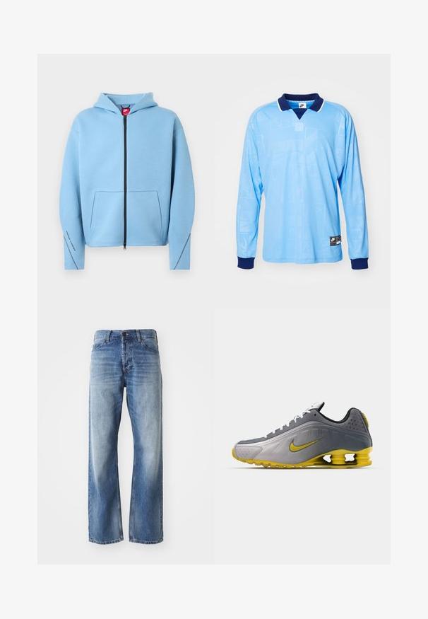 Lichtblauwe hoodie met rits en capuchon, grote voorzak, zwarte rits en contrasterende stiksels langs de mouwen. Gemaakt van een zachte katoenmix.; Lichtblauwe longsleeve polo met marineblauwe kraag en manchetten, voorzien van een subtiel all-over patroon en Nike-logo op de onderrand.; Blauwe denim straight-leg jeans met lichte vervaging op de dijen en knieën, met vijf zakken en een knoopsluiting.; Nike Sportswear SHOX R4 SE UNISEX - Sneakers laag - vast grey/bright citron/light graphite/smoke grey/white/black