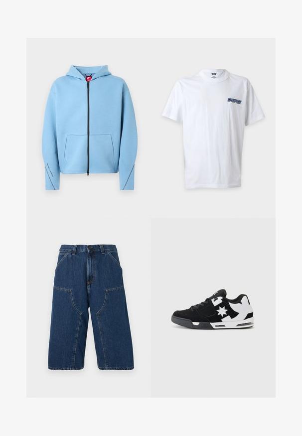 Lyseblå lynlåshættetrøje med hætte, stor forlommer, sort lynlås og kontrastsyning langs ærmerne. Blødt bomuldsblandingsmateriale.; Hvid T-shirt med korte ærmer og rund hals med lille blåt "Dickies Full Throttle Workwear" logo på venstre bryst.; Mørkeblå vidbenede denimshorts med forlommer, bæltestropper og knaplukning.; Sort og hvid sneakers lavet af ruskind og mesh. Har et fremtrædende stjernelogo og dristige detaljer på siden, samt en polstret sål.