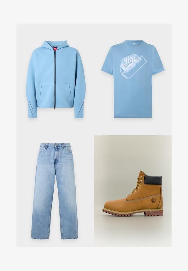 Sweat à capuche bleu clair avec fermeture éclair, grande poche avant, fermeture éclair noire et surpiqûres contrastantes le long des manches. Tissu doux en mélange de coton.; T-shirt Nike bleu clair à manches courtes avec un grand logo Nike blanc stylisé et un graphique swoosh sur la poitrine.; Jean en denim bleu clair à jambes larges avec poches avant, passants pour ceinture, fermeture par bouton, et détails délavés.; Bottine en cuir marron avec col noir, lacets jaunes et semelle beige. Présente un logo et des détails de couture blanche. Semelle extérieure à traction robuste.