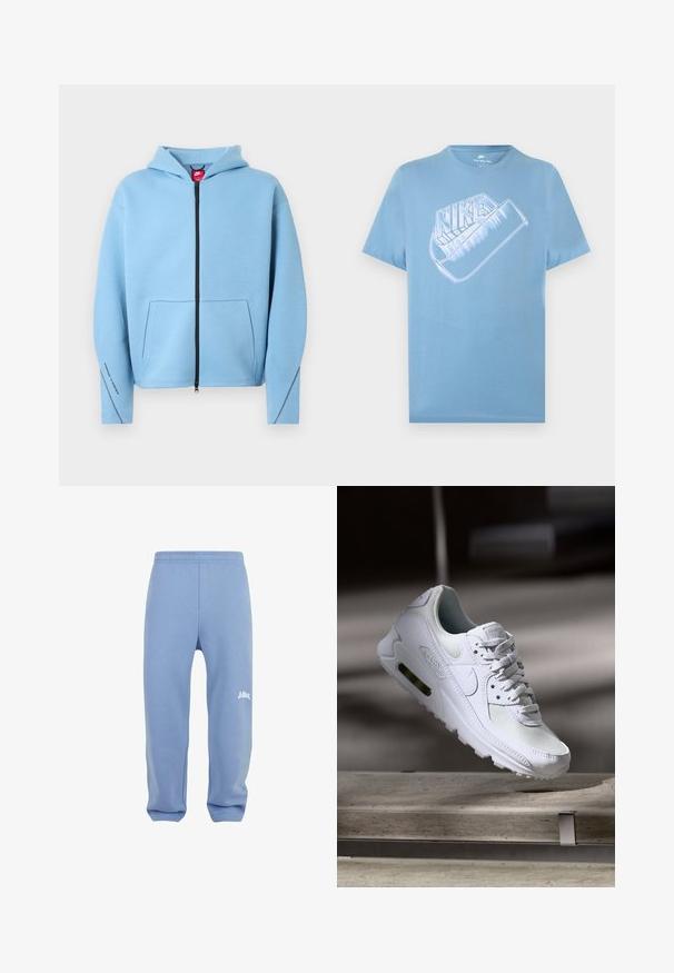 Vaaleansininen vetoketjullinen huppari, jossa on huppu, suuri etutasku, musta vetoketju ja kontrastitikkaukset hihoissa. Pehmeä puuvillasekoitemateriaali.; Vaaleansininen lyhythihainen Nike-t-paita, jossa on suuri valkoinen Nike-logo ja siipikuvio rinnassa.; Vaaleansiniset verkkohousut, joissa on joustava vyötärö, kapenevat lahkeet ja valkoinen logo vasemmassa reidessä. Valmistettu pehmeästä, teksturoidusta kankaasta.; Valkoiset Nike Air Max 90 -lenkkarit, joissa on verkko- ja nahkapinta, rei'itetty kärki ja näkyvä ilmayksikkö kantapäässä.