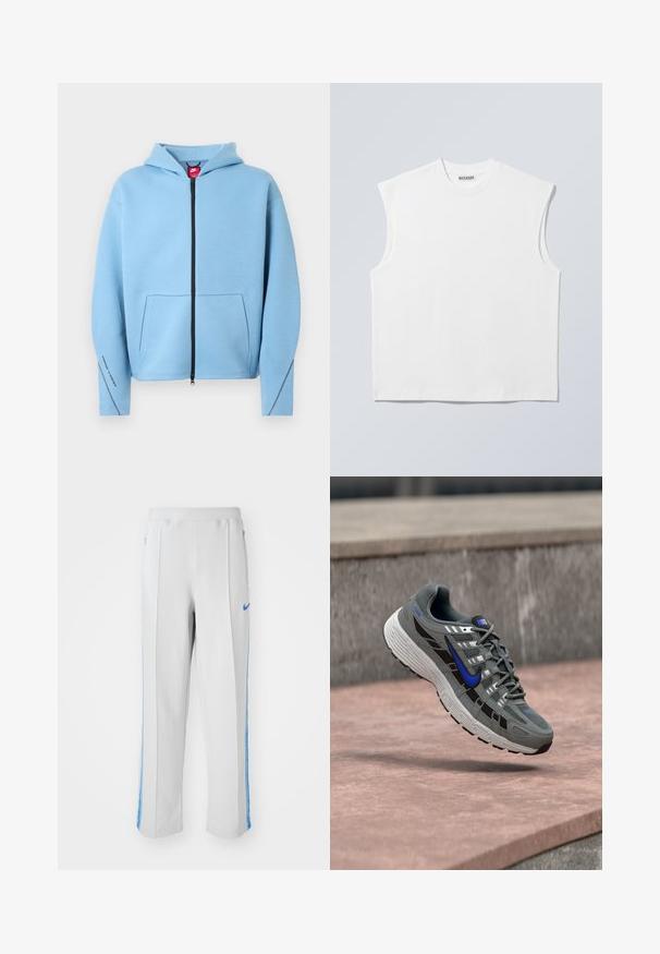 Lichtblauwe hoodie met rits en capuchon, grote voorzak, zwarte rits en contrasterende stiksels langs de mouwen. Gemaakt van een zachte katoenmix.; Wit mouwloos katoenen top met ronde hals en gestructureerde schouders, met het merk "WEEKDAY" op het label in de kraag, afgebeeld op een lichtgrijze achtergrond.; Lichtgrijze sportbroek met blauwe zijstrepen, met een relaxte pasvorm, elastische tailleband en ritszakken. Nike-logo aan de voorkant.; Grijze en zwarte Nike hardloopschoen met blauwe swoosh en witte zool die boven een stenen oppervlak zweeft.