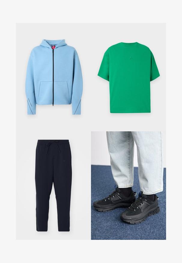 Lyseblå lynlåshættetrøje med hætte, stor forlommer, sort lynlås og kontrastsyning langs ærmerne. Blødt bomuldsblandingsmateriale.; Grøn kortærmet T-shirt med rund hals og lille præget Jumpman-logo centreret på brystet.; Mørkeblå joggerbukser lavet af blødt stof, med elastisk talje og snor, tapered ben og sidelommer.; Sorte træningssko med tekstureret stof og gummisåler, udstyret med elastiske snørebånd og en blå detalje på hælen. Bæres med lyse denimbukser.