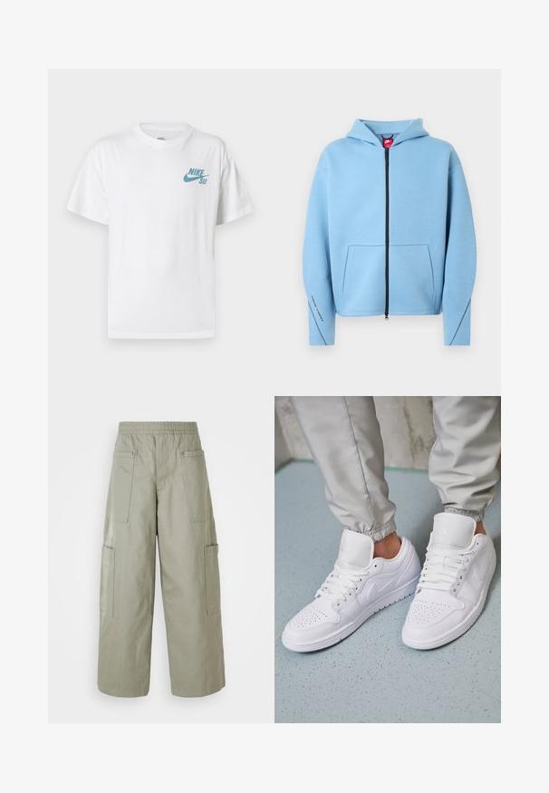 Sweat à capuche bleu clair avec fermeture éclair, grande poche avant, fermeture éclair noire et surpiqûres contrastantes le long des manches. Tissu doux en mélange de coton.; T-shirt en coton blanc avec un logo Nike SB bleu clair sur la poitrine côté gauche. Manches courtes et col rond classique.; Pantalons cargo amples de couleur olive avec une ceinture élastique, plusieurs poches et une texture lisse. Largeur réductible au niveau de l'ourlet.; Des baskets en cuir blanc présentent une zone de perforation à l'avant, des lacets plats, un col rembourré et le logo Jordan sur la languette. Portées avec un pantalon de jogging gris.