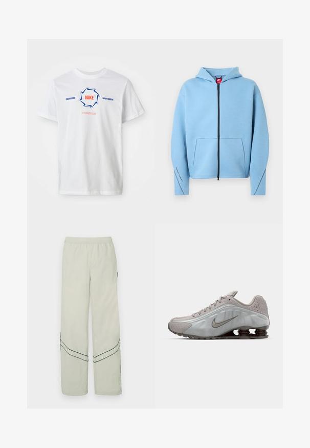 Lyseblå lynlåshættetrøje med hætte, stor forlommer, sort lynlås og kontrastsyning langs ærmerne. Blødt bomuldsblandingsmateriale.; Hvid kortærmet Nike T-shirt med blå swoosh cirkel og rød "NIKE" tekst, samt blå "ENGINEERED SPORTSWEAR" og lille rød slogan nedenfor.; Lysegrønne løstsiddende bukser med elastik i taljen, prydet med mørkegrønne diagonale striber og et enkelt design. Glat, letvægtsstof.; Nike løbesko i lysegrå med en glat tekstur, buet design og synlige støddæmpningsfjeder i mørkebrun ved hælen.