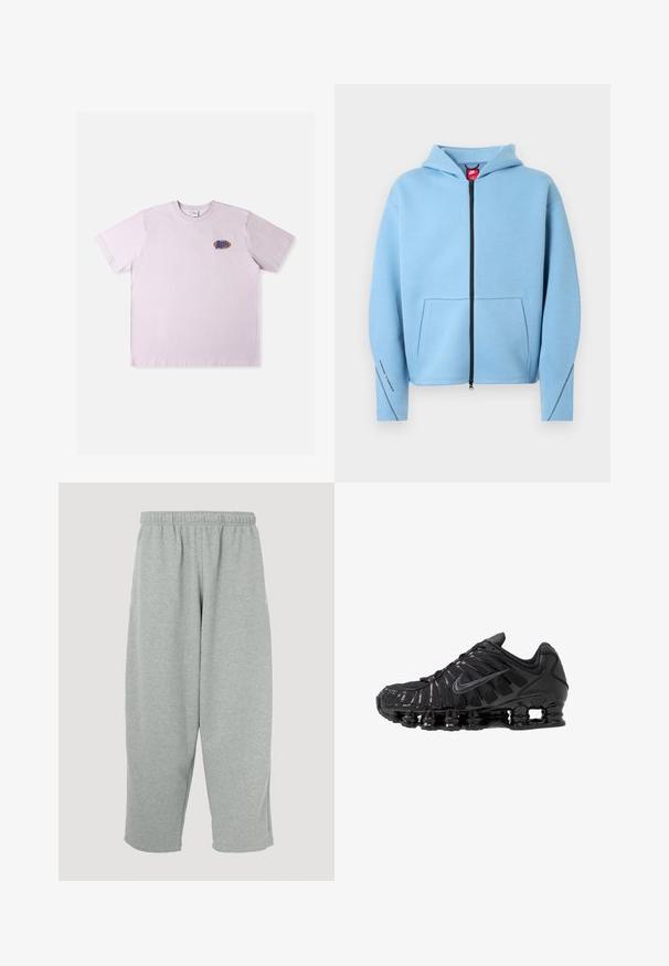 Lichtblauwe hoodie met rits en capuchon, grote voorzak, zwarte rits en contrasterende stiksels langs de mouwen. Gemaakt van een zachte katoenmix.; Roze katoenen T-shirt met korte mouwen, met een klein meerkleurig logo op de linkerborst. Eenvoudig, ontspannen ontwerp.; Lichtgrijze joggingbroek met een elastische tailleband, taps toelopend ontwerp en zachte textuur. Geen zichtbare merklogo's of patronen.; Zwarte sportschoenen gemaakt van mesh en synthetische materialen, met een opvallend golvend ontwerp, zwarte rubberen zool en reflecterende accenten.