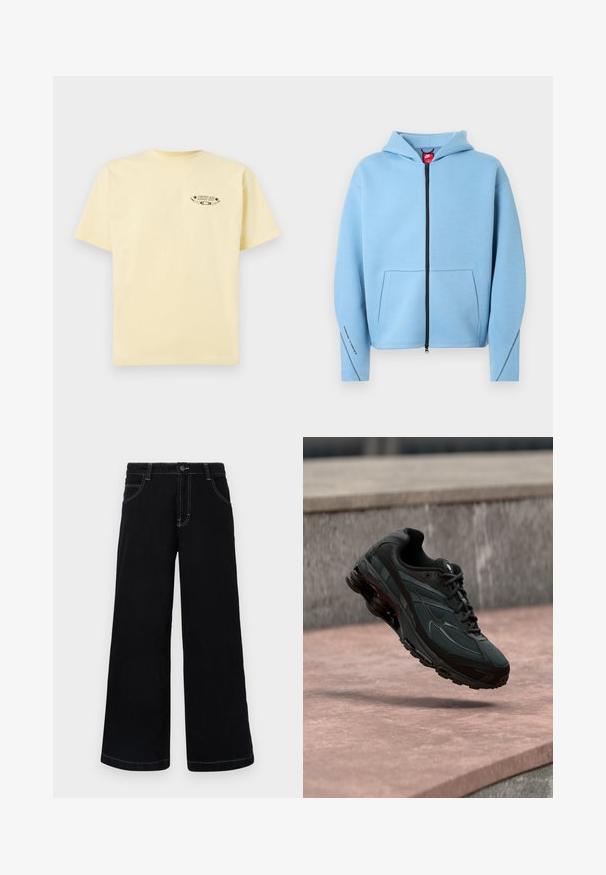 Sudadera con capucha azul claro con cremallera, gran bolsillo frontal, cremallera negra y costuras en contraste a lo largo de las mangas. Material suave de mezcla de algodón.; Camiseta de algodón amarilla con mangas cortas y cuello redondo, que presenta un logo gráfico impreso en la parte izquierda del pecho.; Pantalones de mezclilla negros de pierna ancha, con cierre de botón, cinco bolsillos y costuras en contraste de color blanco a lo largo de las costuras.; Zapatilla deportiva negra con entresuela visible con amortiguación de aire que flota sobre una superficie de piedra rosa con un fondo de pared de piedra gris.