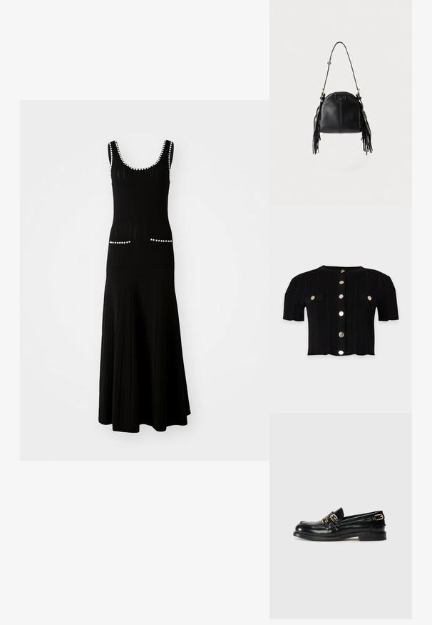 Haut en maille noir à manches courtes avec motif torsadé, boutons dorés sur le devant et deux rabats de poches avant avec détails de boutons dorés.; Robe en tricot noire avec un corsage ajusté et une jupe évasée. Comprend des accents en perles blanches le long de l'encolure et des poches. Tissu texturé.; Mocassins en cuir noir avec une finition brillante, dotés de deux boucles dorées et d'un talon bas. Texture lisse avec un design à bout arrondi.; Sac à main en cuir noir avec une forme courbée, une longue bandoulière réglable et des franges de chaque côté sur un fond clair.