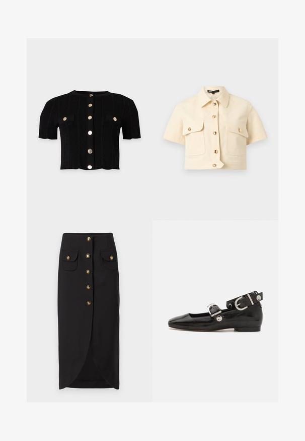 Haut en maille noir à manches courtes avec motif torsadé, boutons dorés sur le devant et deux rabats de poches avant avec détails de boutons dorés.; Chemise beige courte à manches courtes recadrée, avec col, boutons dorés à l'avant et deux poches poitrine à rabat boutonné sur fond uni.; Jupe midi noire avec des boutons dorés à l'avant, deux poches à rabat avec des boutons dorés assortis et une légère fente frontale.; Ballerine en cuir verni noir avec un bout carré, sangle de cheville avec des détails en métal argenté et semelle plate. Texture lisse avec un design minimaliste.