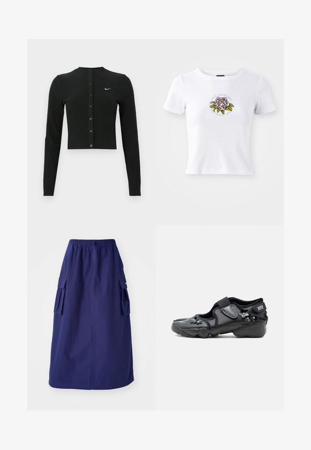 Must rippitud musta värvi pikad varrukad kardigan lühendatud lõikega, esiküljel nööbid ja vasakul pool väike valge Nike logo.; Valge lühikeste varrukatega T-särk, millel on keha järgi istuv disain, keskosas tikitud roosi graafika ja lille ümber ringikujuline tekst.; Tumedat sinine, keskpikk seelik elastse vöökohtaga, millel on kaks külgmist cargo-taskut ja minimaalne logo detail. Sile kangastekstuud.; Must Nike Air jalanõu takjapaelaga, kaunistatud väikeste mustade lilleornamentidega külgedel ja ees.