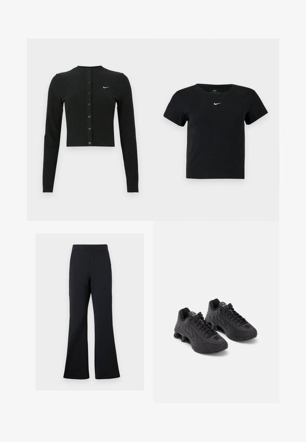 Zwarte geribbelde cardigan met lange mouwen, een cropped ontwerp, knopen aan de voorkant en een klein wit Nike-logo aan de linkerkant.; Zwart geribbeld T-shirt met korte mouwen, voorzien van een klein wit Nike-logo op de borst en een ronde halslijn.; Zwarte flared broeken van zachte stof met een elastische tailleband en een discrete zijzakdetail, met een gladde textuur en minimalist ontwerp.; Zwarte sportschoenen met een glad synthetisch bovenwerk, getextureerde accenten, vetersluiting en zichtbare veerkrachtige demping bij de hiel.