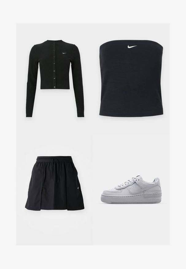 Cárdigan negro de manga larga con tejido acanalado, diseño corto, botones delanteros y un pequeño logo blanco de Nike en el lado izquierdo.; Top tubo negro sin tirantes de Nike con logo blanco Swoosh centrado cerca del borde superior, fondo liso.; Falda deportiva negra con cinturilla elástica y cordón ajustable. Presenta aberturas laterales, tejido ligero y un pequeño logo en el dobladillo.; Zapatilla Nike Air Force 1 gris con puntera perforada, parte superior de cuero suave, suela gruesa y detalle en relieve 'AIR' en el talón.