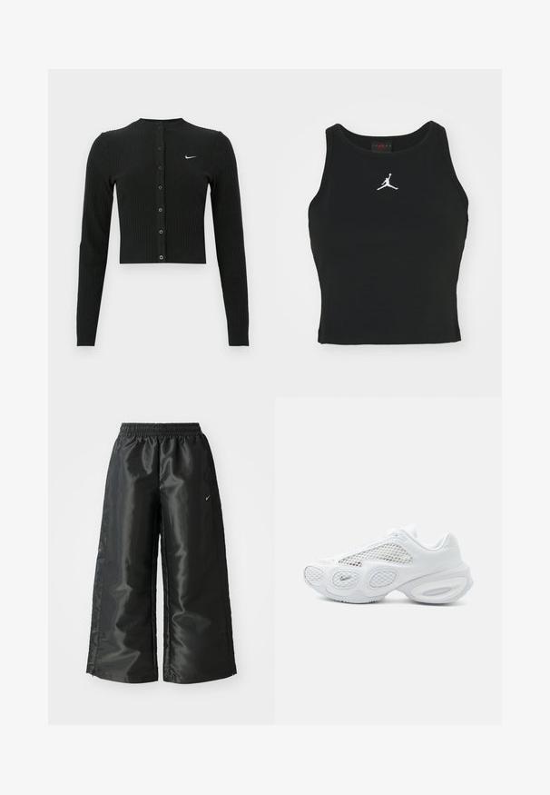 Sort ribbet cardigan med lange ærmer, cropped design, knapper foran og et lille hvidt Nike-logo på venstre side.; Sort tætsiddende tanktop lavet af bomuld, med rund udskæring og et hvidt Jordan-logo syet på fronten i midten. Glat tekstur.; Sorte sportsbukser i et blankt, glat stof med en elastisk talje, brede ben og et lille logo på venstre side.; Hvid atletiksneaker med mesh-paneler, rundet såldesign og lille Nike-logo nær tåen på en ensfarvet lys baggrund.