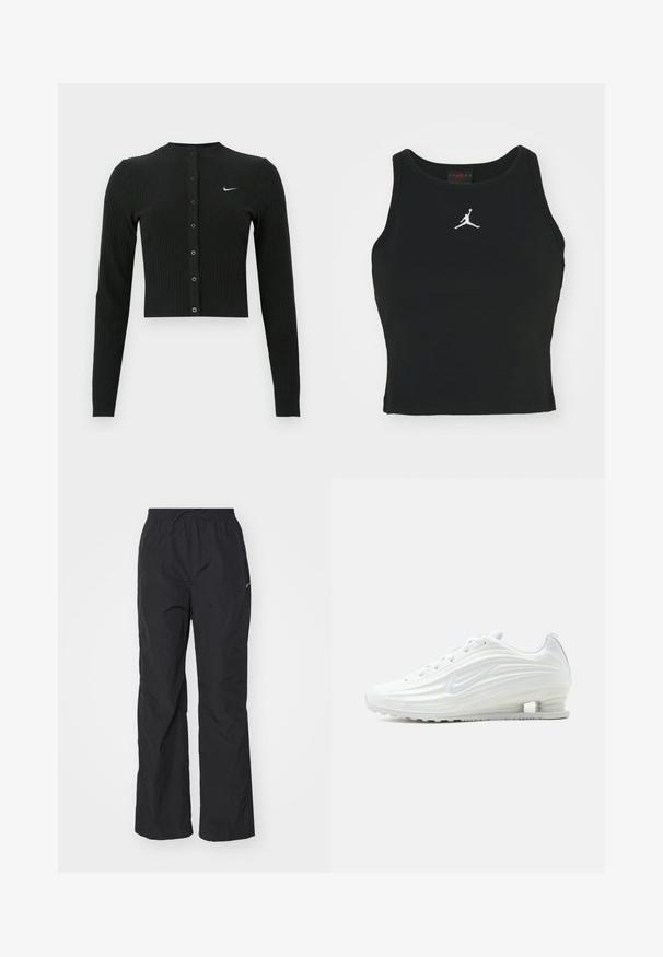 Čierny rebrovaný kardigán s dlhým rukávom, krátkym strihom, prednými gombíkmi a malým bielym logom Nike na ľavej strane.; Čierny priliehavý tielko vyrobené z bavlny, s okrúhlym výstrihom a bielym logom Jordan vyšitým na prednej časti. Hladká textúra.; Čierne, ľahké nohavice s elastickým pásom a šnúrkou. Majú textúrovaný povrch a malú reflexnú nášivku na boku.; Biela športová obuv Nike s textúrovanými vlnovými vzormi a viditeľnou vzduchovou vložkou v podrážke, zobrazená z boku na neutrálnom pozadí.