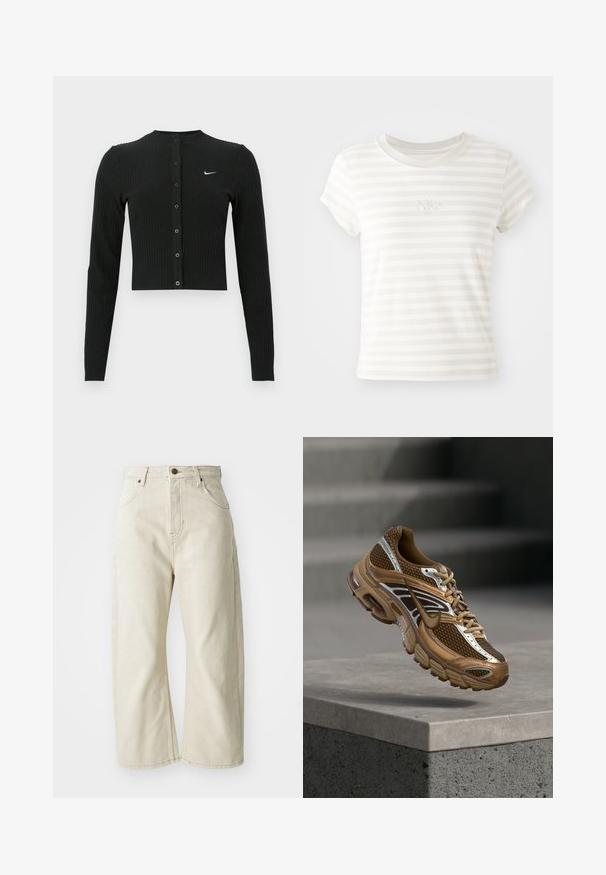 Sort ribbet cardigan med lange ærmer, cropped design, knapper foran og et lille hvidt Nike-logo på venstre side.; Hvidstribet kortærmet t-shirt lavet af blød bomuld. Har en rund halsudskæring og et lille broderet Nike-logo på brystet.; Beige wide-leg jeans lavet af bomuldsdenim, med høj talje, fem lommer og en subtil falmet tekstur. Messingknap lukning.; Brun og tan Nike sneaker med mesh og reflekterende detaljer, der svæver over en betonbeklædning mod en sløret grå baggrund.